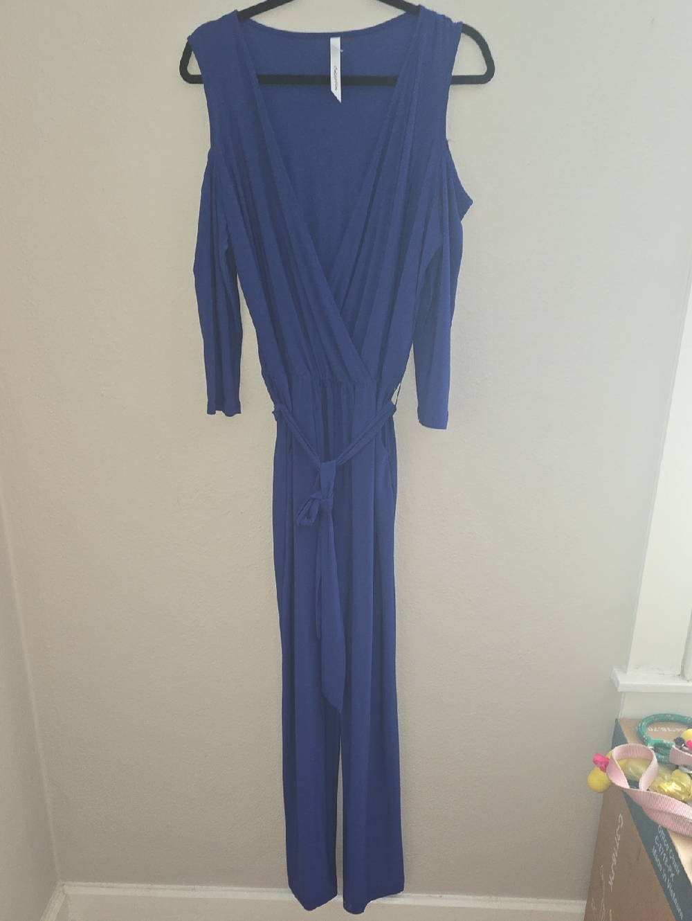 NY Collection Royal Blue Cold-Shoulder Wrap Jumpsuit with Tie Waist